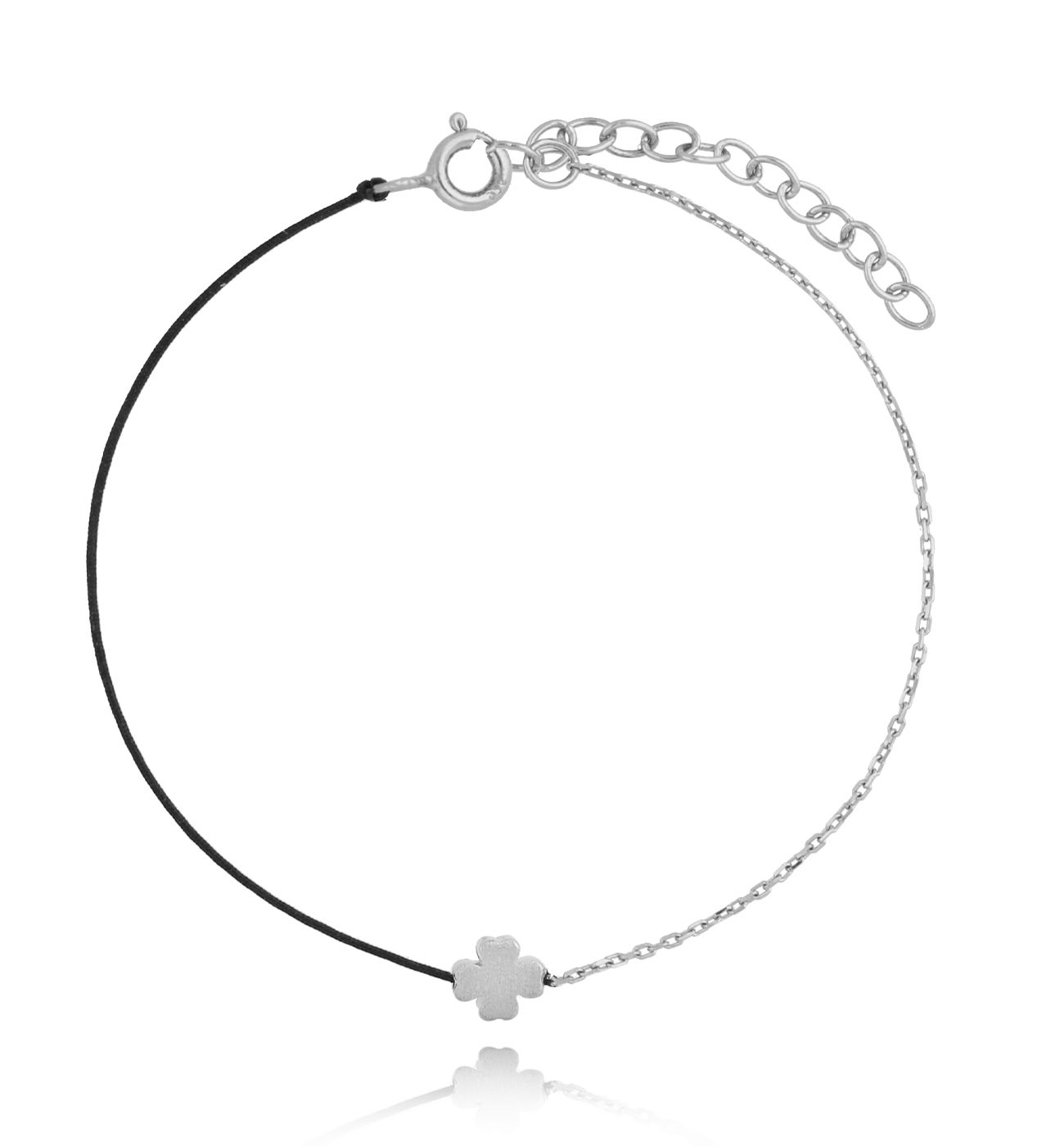 Bransoletka srebrna z czarnym sznurkiem - koniczynka - By Dziubeka