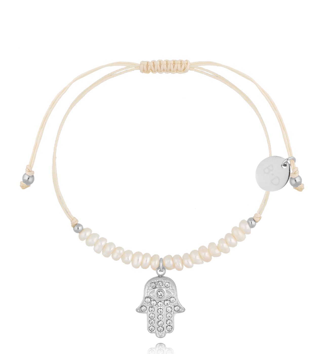Bransoletka z perełkami i srebrną ręką Fatimy Feliz BMT0080 - By Dziubeka