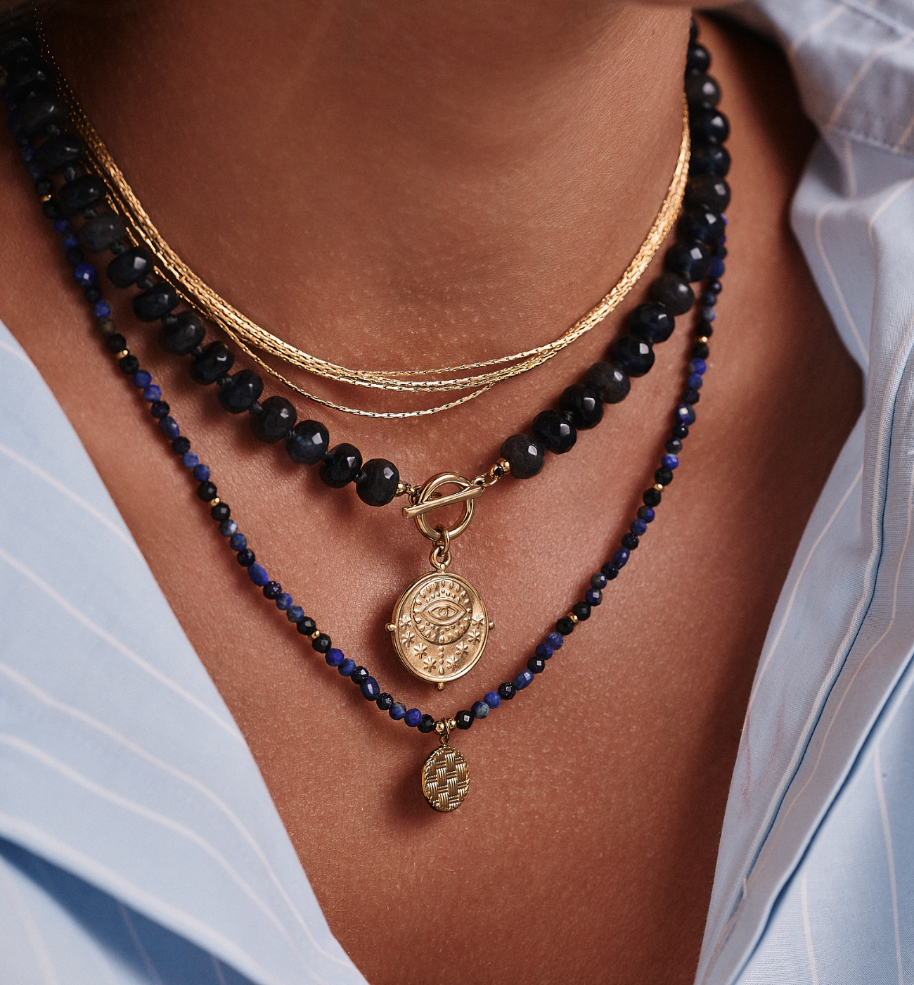 Zestaw naszyjników z granatem, lapisem i złotymi zawieszkami ZN0013 - By Dziubeka