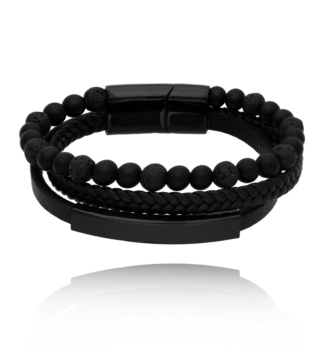 Bransoletka skórzana czarna z agatami i lawą Owen 52 - By Dziubeka