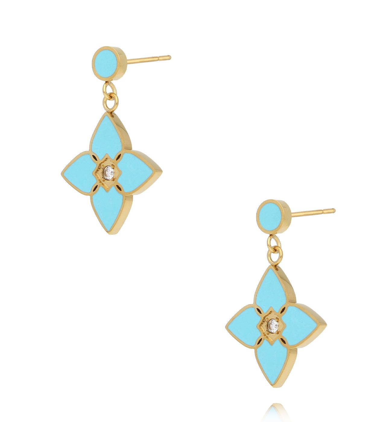 Kolczyki z koniczynką złote z turkusową emalią Segreto di Fortuna - By Dziubeka