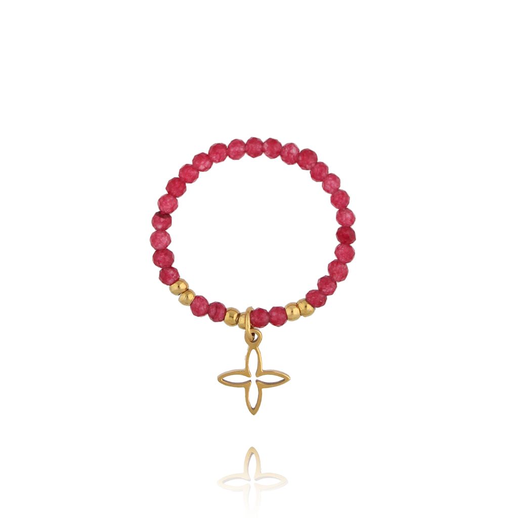 Pierścionek z czerwonymi agatami i koniczynką - By Dziubeka