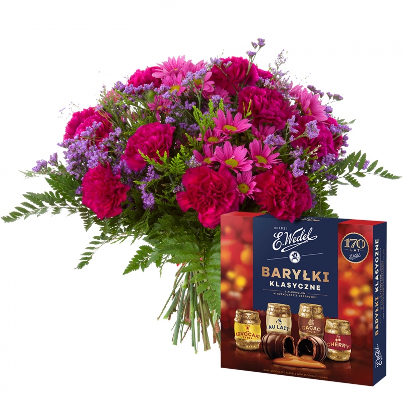 Różowa, kwiatowa elegancja z czekoladkami, poczta z przesyłką na dziś. Warszawa, Wrocław, Kraków.