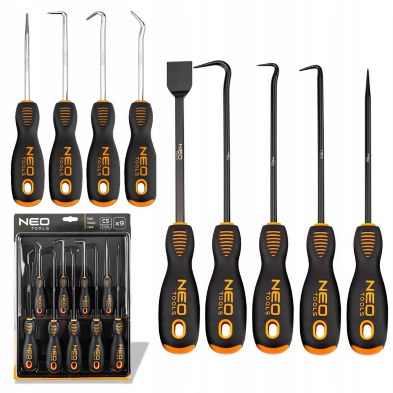 Zestaw haczyków z rękojeścią NEO TOOLS długie do uszczelek oringów 9 szt.