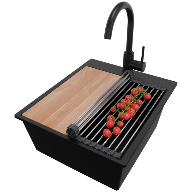 Zlewozmywak Granitowy Oslo PRIMAGRAN Nablatowy 43x50cm do szafki od 45cm z Syfonem i Baterią i Dodatkiem Cały Czarny 1 szt.