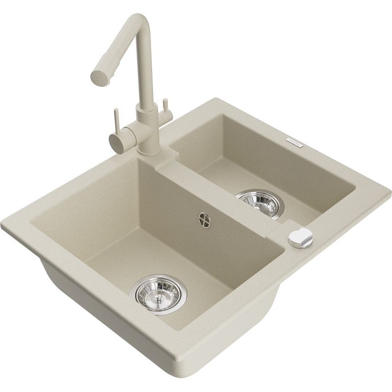 Zlewozmywak granitowy 1.5-komorowy Mexen Carlos z baterią kuchenną Duero beżowy 6518-69-671600-69