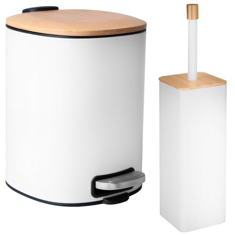 Zestaw Łazienkowy OSTI FONTI - Yoka Home Biały z Bambusem: Kosz na śmieci 5L z Wolnoopadającą klapą i Szczotka do WC - 1 szt.