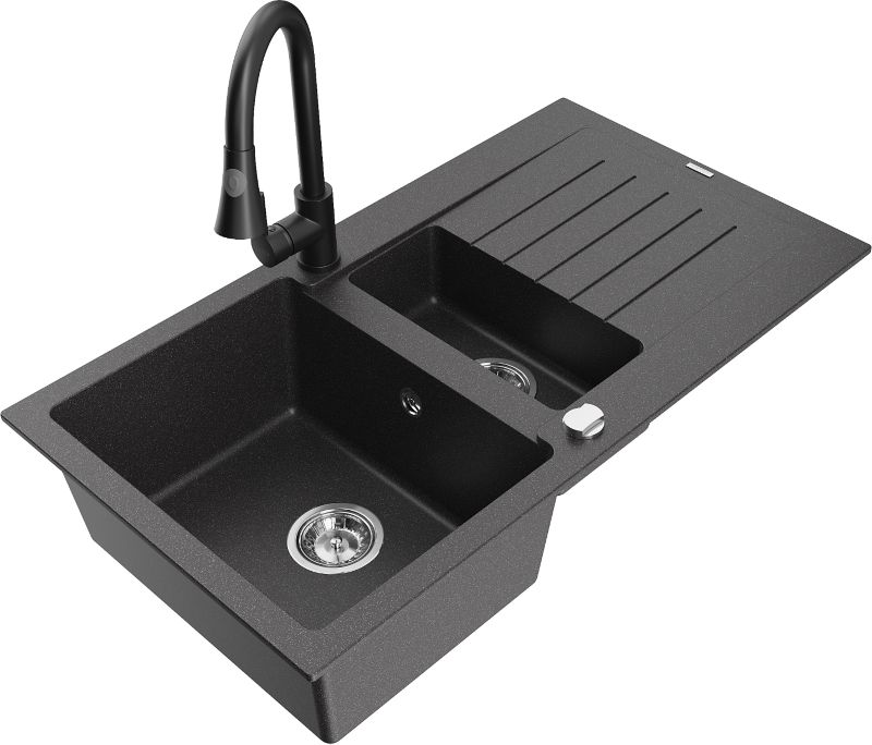 Zlewozmywak granitowy Mexen Matias 1,5-komorowy z ociekaczem i baterią kuchenną Elia czarny 6502-76-670101-70