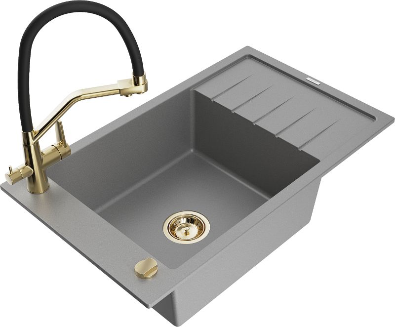 Zlewozmywak granitowy Mexen Elias 1-komorowy z ociekaczem i baterią kuchenną Duo szary 6511-71-671701-57-G