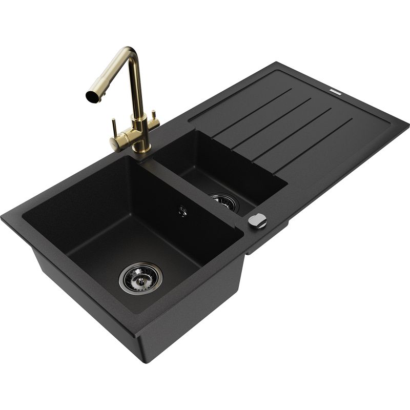 Zlewozmywak granitowy 1.5-komorowy Mexen Andres z ociekaczem i baterią kuchenną Duero czarny - 6515-77-671600-00 1 szt.