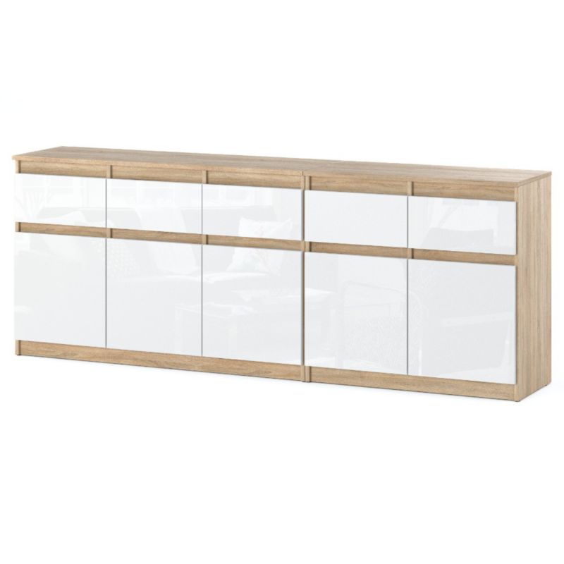 Komoda Hurtownia-Mebli Szuflady 5 Best Oleksa 200cm Dąb Sonoma Biały Połysk 200x35x75 cm 1szt.