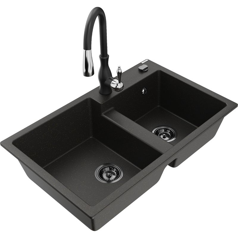 Zlewozmywak granitowy 2-komorowy Mexen Tomas z baterią kuchenną Savita szary - 6516-71-672601-71 1 szt.