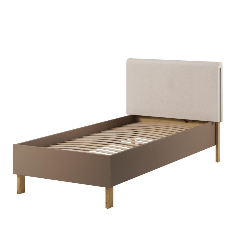 Łóżko młodzieżowe 90 cm Bettso Sonny z drewnianym stelażem w kolorze truflowym i tapicerowanym zagłówkiem dąb artisan 1szt.