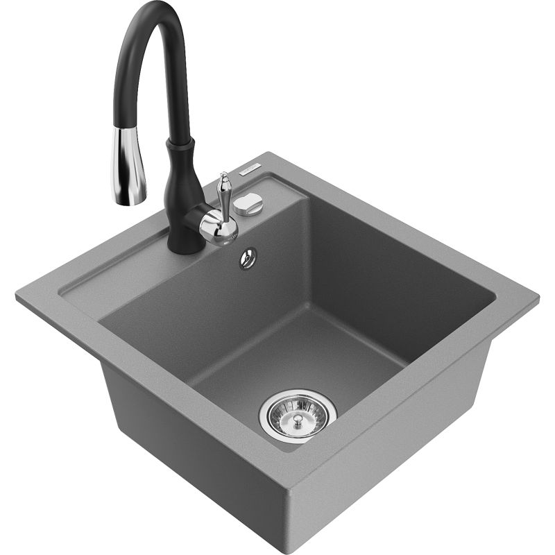 Zlewozmywak granitowy 1-komorowy Mexen Vito z baterią kuchenną Savita szary 6503-71-672601-70