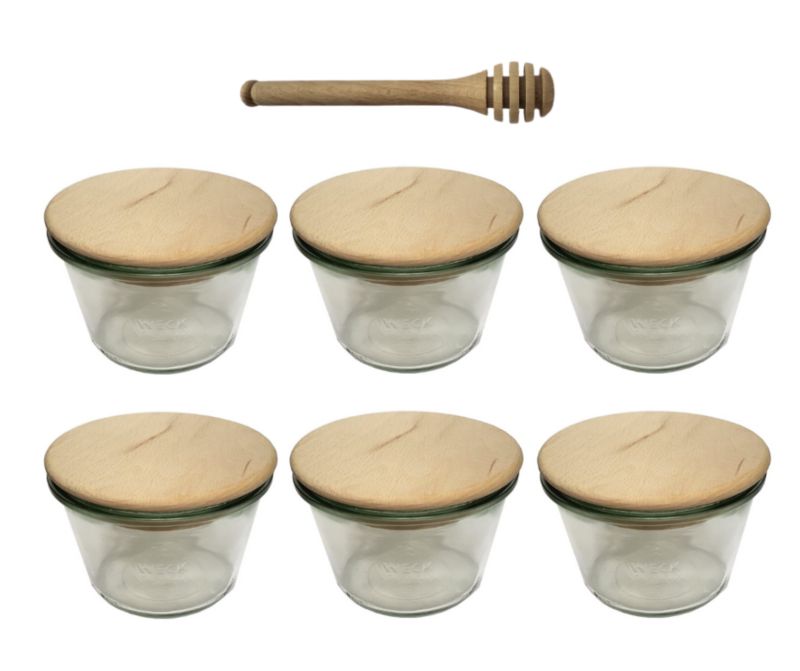 Słoiki MODO24 Weck 370 ml fi 100 mold drewniane wieka nabierak 6 kpl.