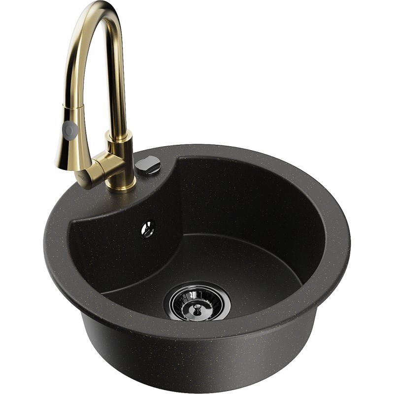 Zlewozmywak granitowy 1-komorowy Mexen Diego z baterią kuchenną Elia czarny/złoty metalik 6512-75-670101-50-B