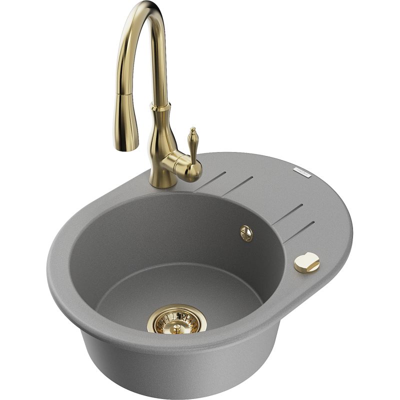 Zlewozmywak granitowy 1-komorowy Mexen Kevin z ociekaczem i baterią kuchenną Savita szary 6517-71-672601-50