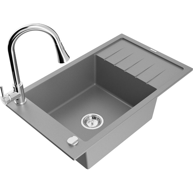 Zlewozmywak granitowy 1-komorowy Mexen Elias z ociekaczem i baterią kuchenną Elia szary 6511-71-670101-00