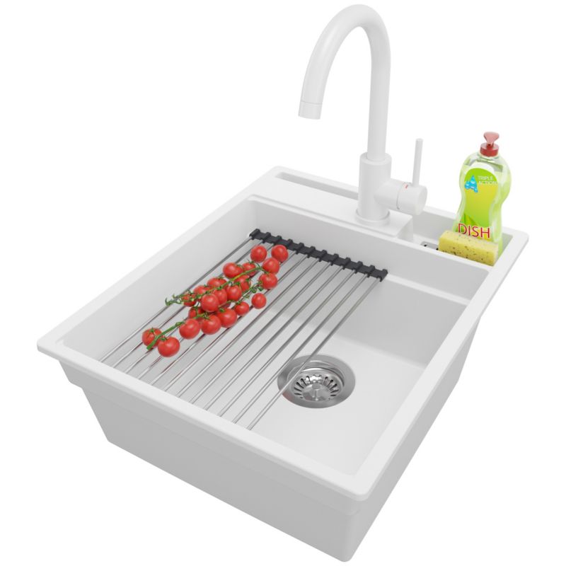 Zlewozmywak Granitowy Oslo Pocket PRIMAGRAN Nablatowy 43x53cm do szafki od 45cm z Syfonem i Baterią i Dodatkiem Biały 1 szt.