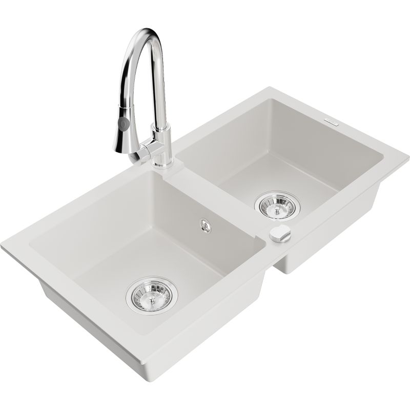 Zlewozmywak granitowy 2-komorowy Mexen Mario z baterią kuchenną Elia biały 6504-20-670101-00