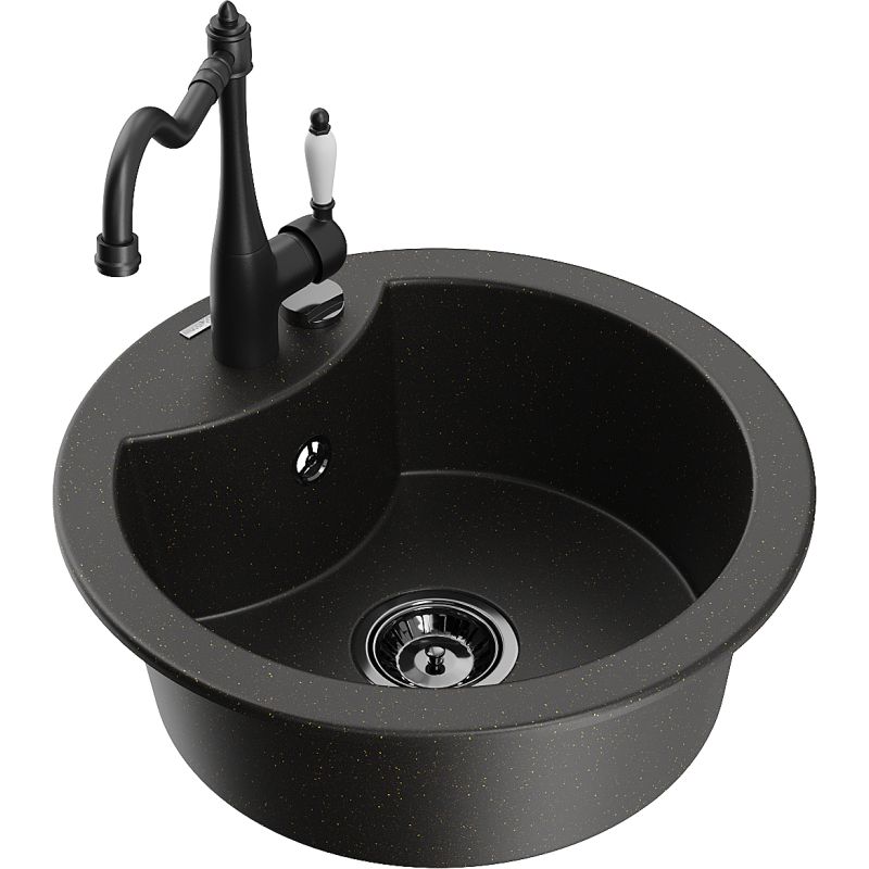 Zlewozmywak granitowy 1-komorowy Mexen Diego z baterią kuchenną Carla czarny/złoty metalik 6512-75-670700-70-B