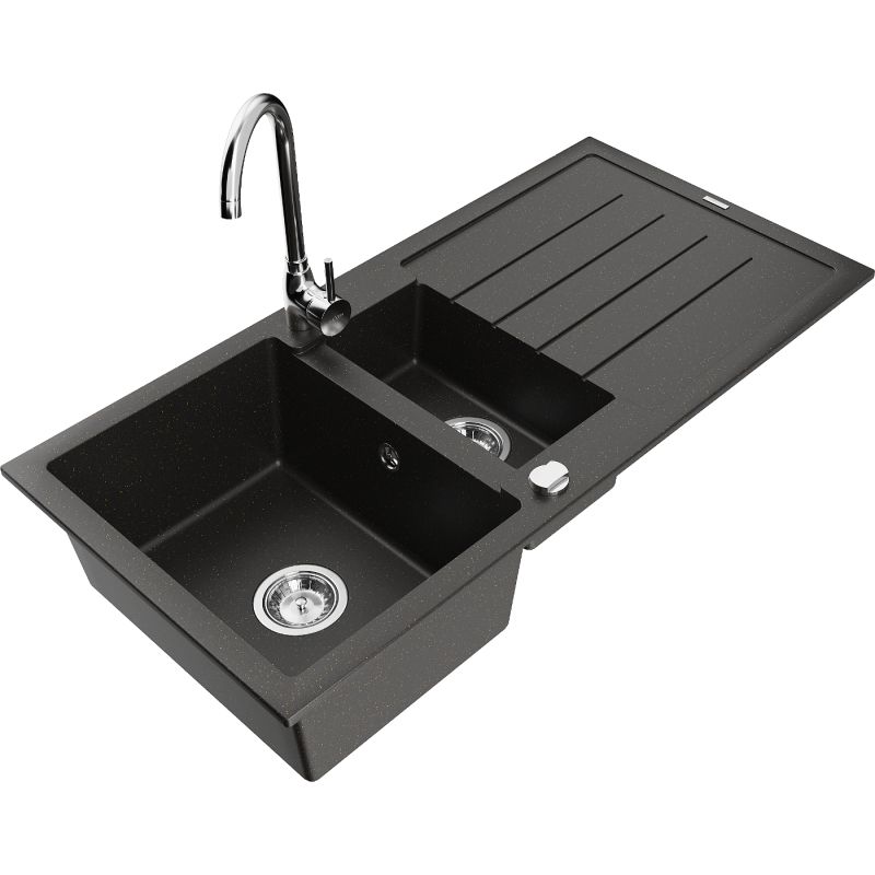 Zlewozmywak granitowy 1.5-komorowy Mexen Andres z ociekaczem i baterią kuchenną Telma czarny/złoty 6515-75-670200-00