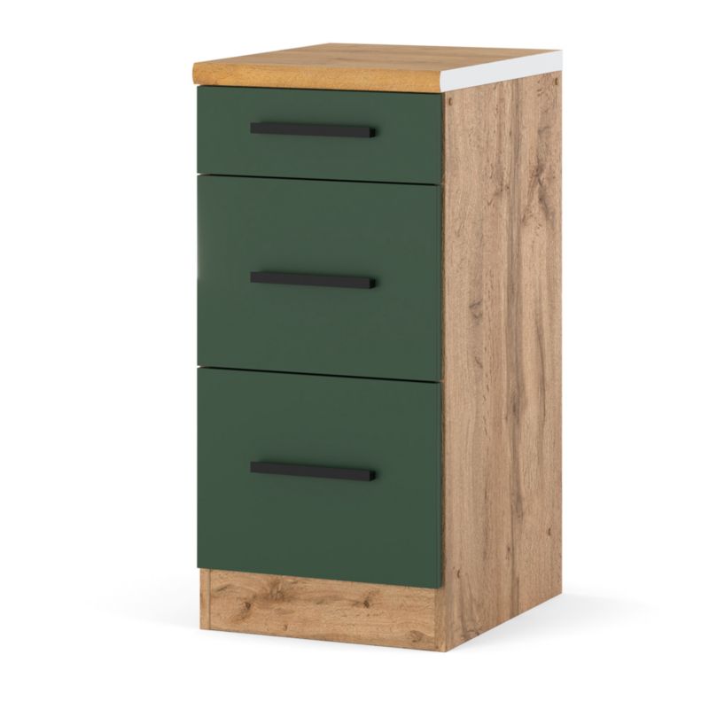 Szafka Kuchenna Hurtownia-Mebli Stojąca Z Szufladami Blanka dolna D40-3SZ 40cm Dąb Wotan Butelkowa Zieleń 40x47x85 cm 1szt.