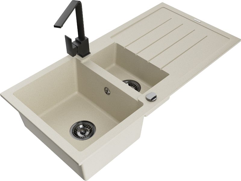 Zlewozmywak granitowy Mexen Andres 1,5-komorowy z ociekaczem i baterią kuchenną Rita biały - 6515-20-670300-70 1 szt.