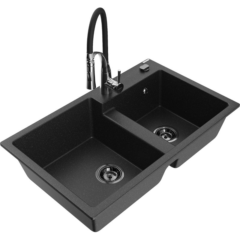 Zlewozmywak granitowy 2-komorowy Mexen Tomas z baterią kuchenną Aster czarny/srebrny metalik 6516-73-73450-07-B