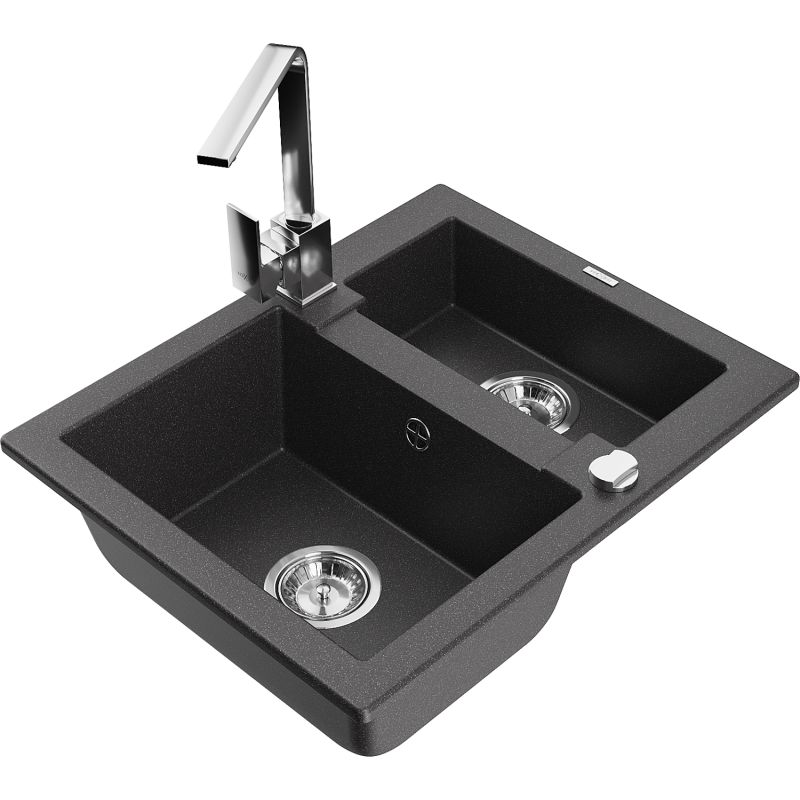 Zlewozmywak granitowy 1.5-komorowy Mexen Carlos z baterią kuchenną Rita czarny nakrapiany 6518-76-670300-00