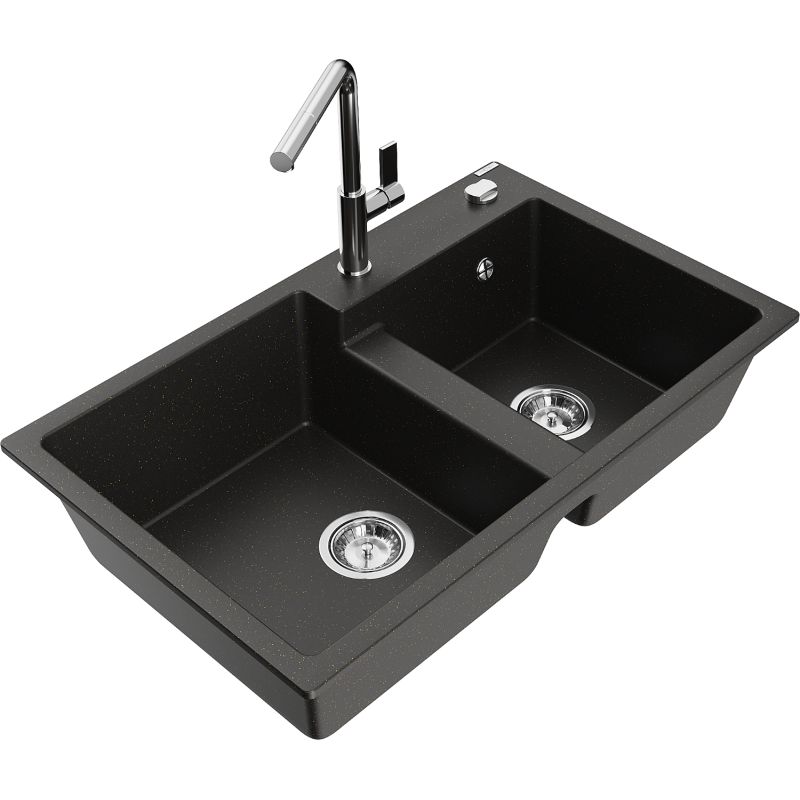 Zlewozmywak granitowy 2-komorowy Mexen Tomas z baterią kuchenną Flora czarny/złoty metalik 6516-75-670401-00