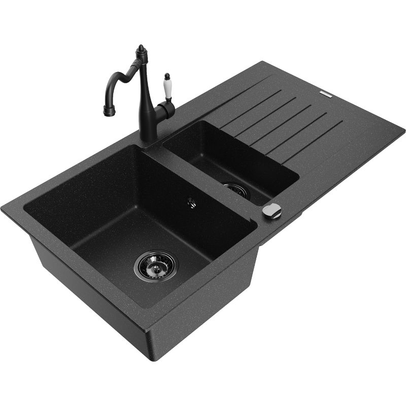 Zlewozmywak granitowy 1.5-komorowy Mexen Matias z ociekaczem i baterią Carla czarny/srebrny metalik - 6502-73-670700-70 1 szt.