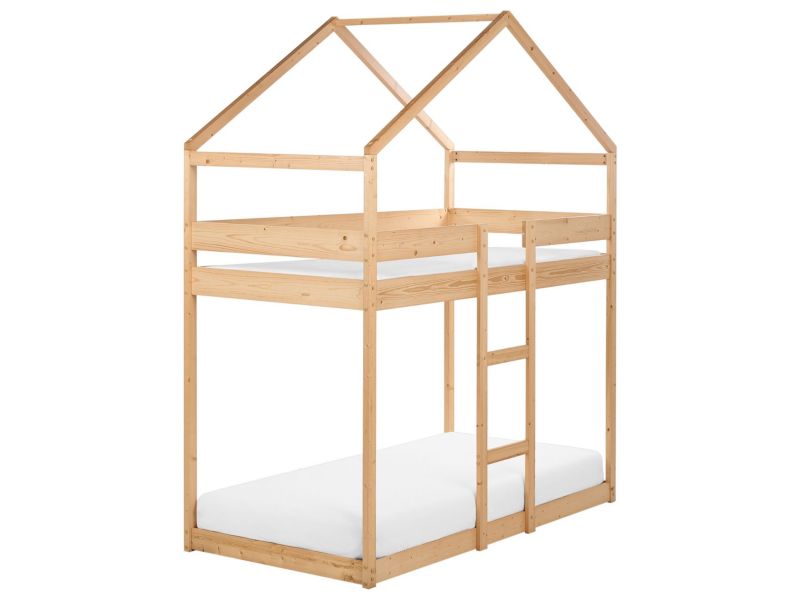 Łóżko piętrowe dziecięce domek drewniane 90 x 200 cm jasne Labatut 1 szt.