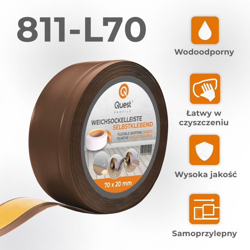 Listwa przypodłogowa PCV 70x20mm, QUEST, samoprzylepna elastyczna, miękka listwa podłogowa, cokołowa, brąz, 10m
