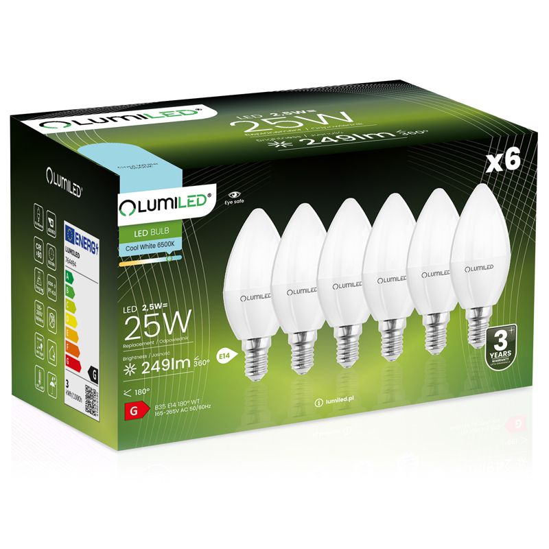 Żarówka LED LUMILED E14 B35 2,5W 249lm 6500K 180st 6 szt.