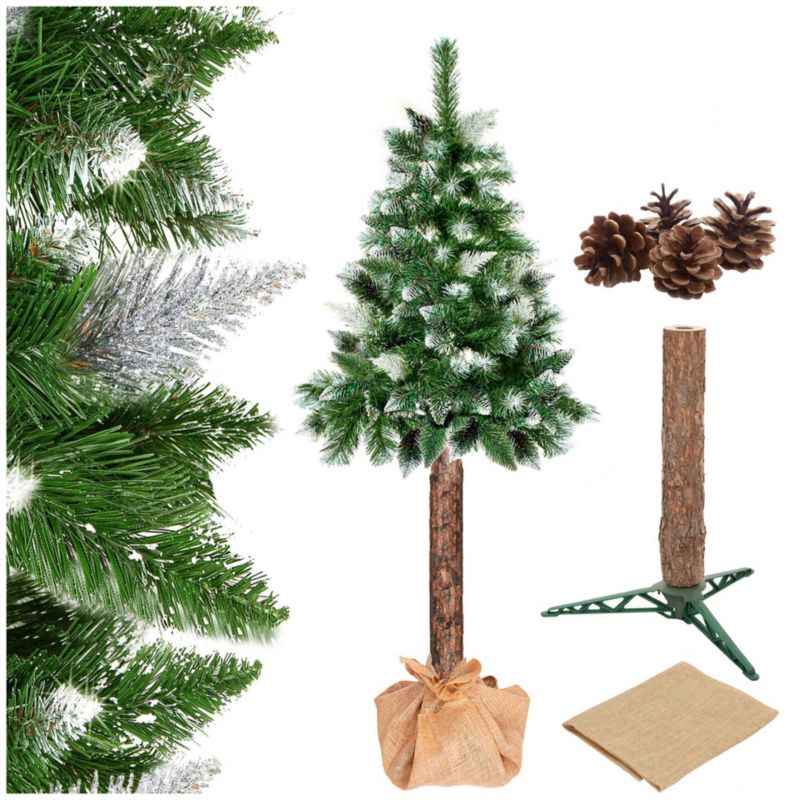 Sztuczna choinka na pniu Springos 140 cm sosna diamentowa ośnieżona ze stojakiem i jutą 1 szt.