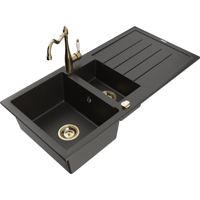 Zlewozmywak granitowy 1.5-komorowy Mexen Andres z ociekaczem i baterią kuchenną Carla szary - 6515-71-670700-71 1 szt.