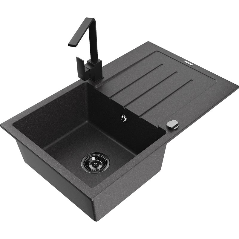 Zlewozmywak granitowy 1-komorowy Mexen Bruno z ociekaczem i baterią kuchenną Rita czarny nakrapiany - 6513-76-670300-70 1 szt.