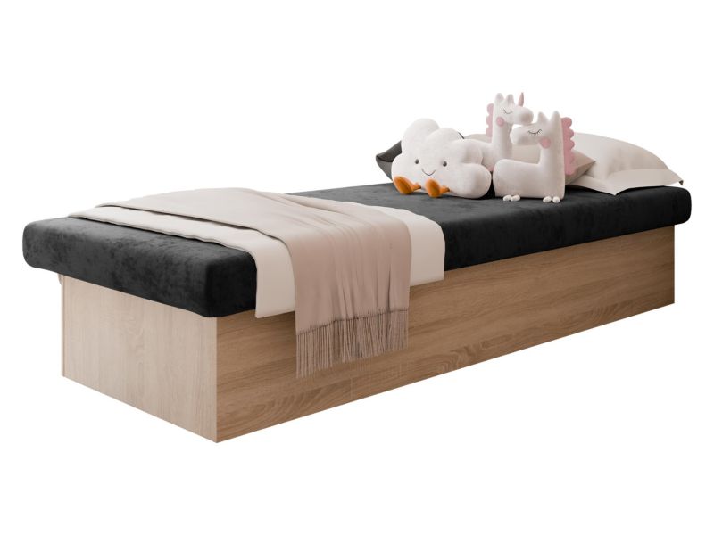 Łóżko jednoosobowe MIRJAN 24 Berta 190x80 z pojemnikiem dąb sonoma + czarny plusz 1 szt.