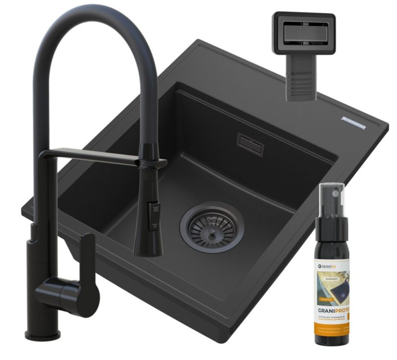 Zlewozmywak Granitowy Jednokomorowy Granitan Alor Czarny Zestaw Zlewozmywak Bateria Syfon 1 kpl.