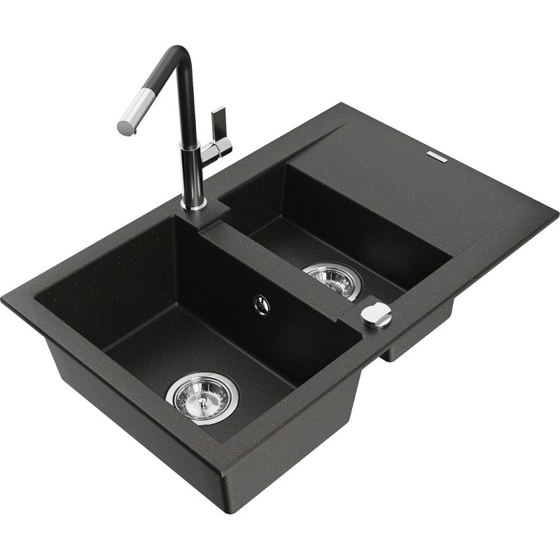 Zlewozmywak granitowy 1.5-komorowy Mexen Gaspar z ociekaczem i baterią kuchenną Flora szary - 6507-71-670401-70-B 1 szt.