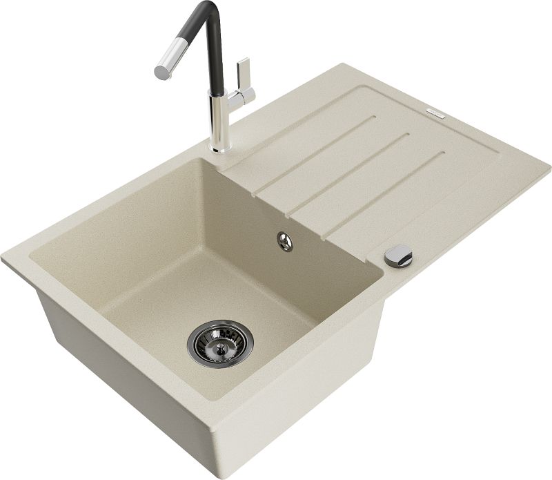 Zlewozmywak granitowy Mexen Bruno 1-komorowy z ociekaczem i baterią kuchenną Flora beżowy - 6513-69-670401-07 1 szt.
