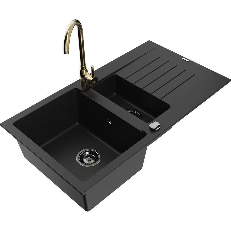 Zlewozmywak granitowy 1.5-komorowy Mexen Matias z ociekaczem i baterią kuchenną Telma czarny - 6502-77-670200-50 1 szt.