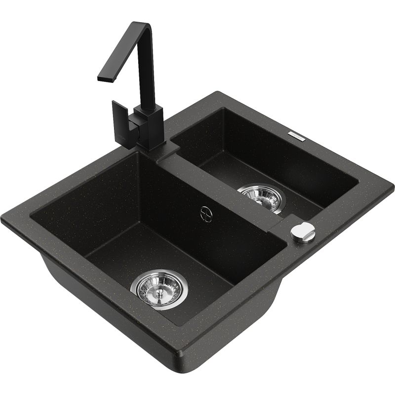 Zlewozmywak granitowy 1.5-komorowy Mexen Carlos z baterią kuchenną Rita czarny/złoty metalik - 6518-75-670300-70-B 1 szt.