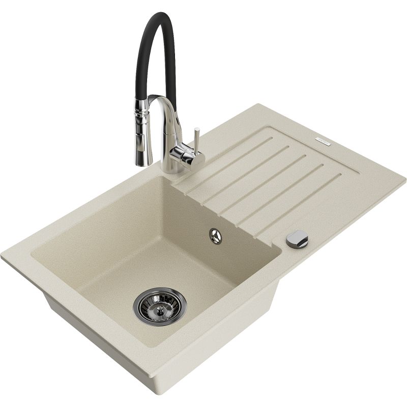 Zlewozmywak granitowy 1-komorowy Mexen Pablo z ociekaczem i baterią kuchenną Aster beżowy 6510-69-73450-07-B