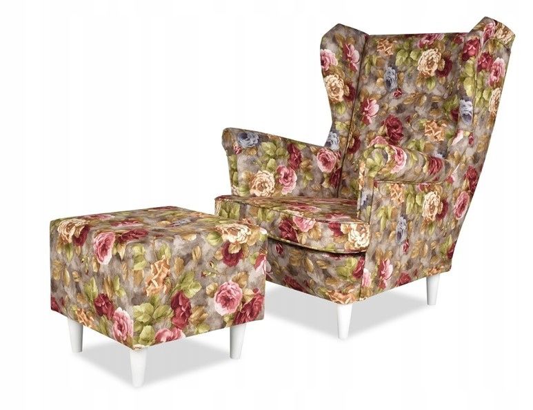 Fotel uszak do salonu z podnóżkiem Family Meble ARI PRINT róże beż 1szt