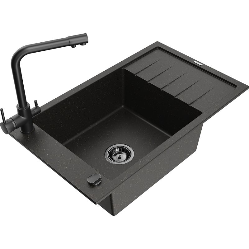 Zlewozmywak granitowy 1-komorowy Mexen Elias z ociekaczem i baterią kuchenną Duero czarny/złoty metalik 6511-75-671600-70-B