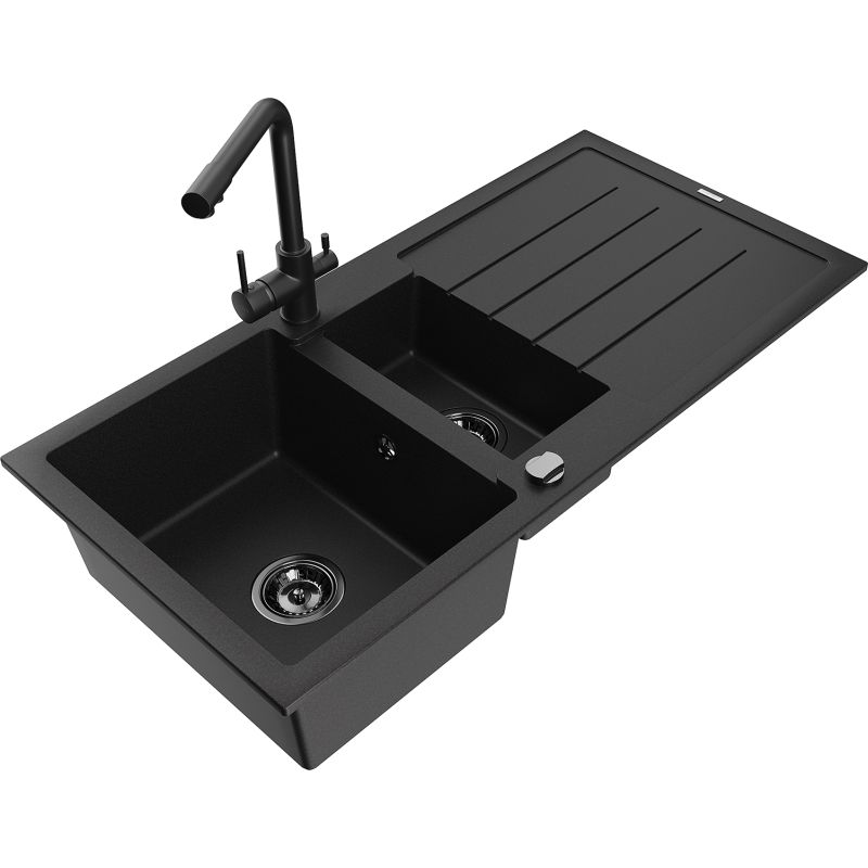 Zlewozmywak granitowy 1.5-komorowy Mexen Andres z ociekaczem i baterią kuchenną Duero czarny - 6515-77-671600-50 1 szt.