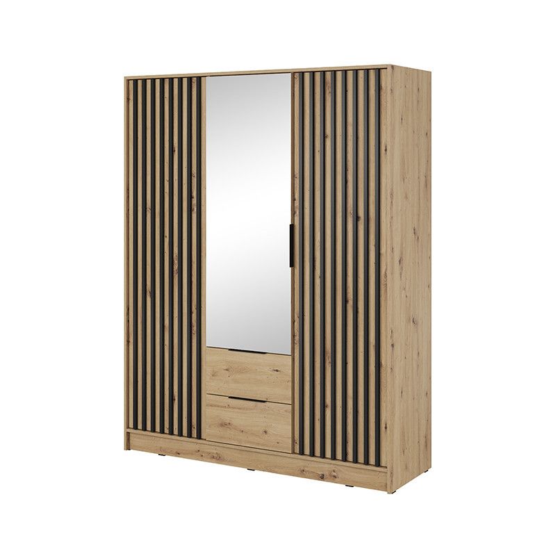 Szafa trzydrzwiowa z dwiema szufladami Bettso Nelly 3D z lamelami i lustrem dąb artisan 1szt.