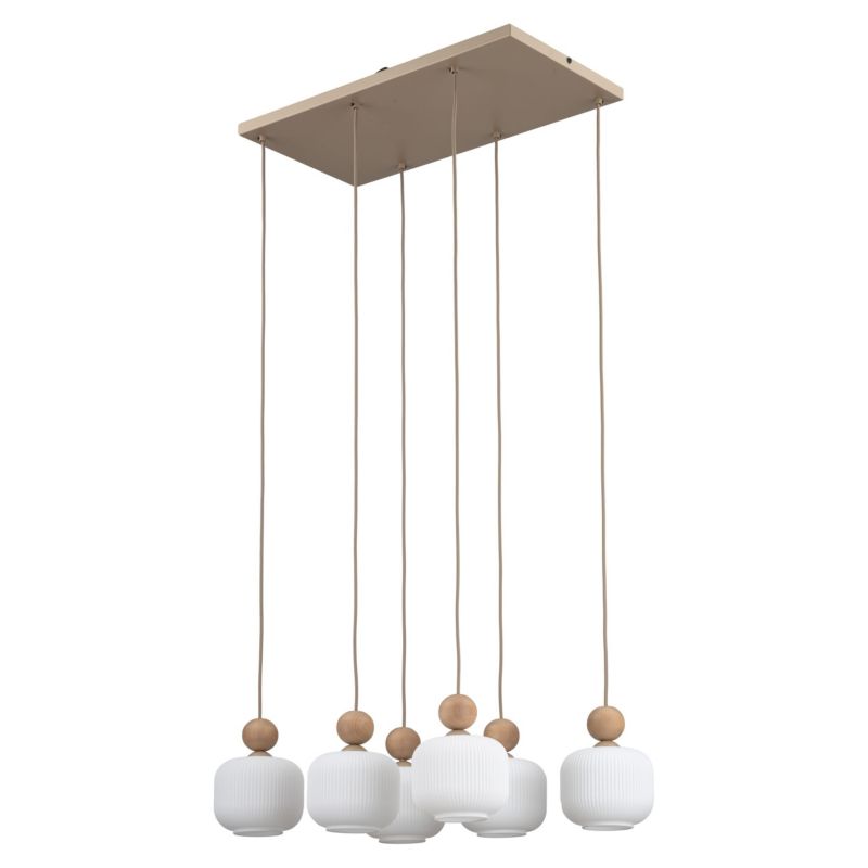 Lampa Wisząca Tk-Lighting Ballo drewno klosz biały ryflowany 6Xe14 na kwadracie - 1szt.
